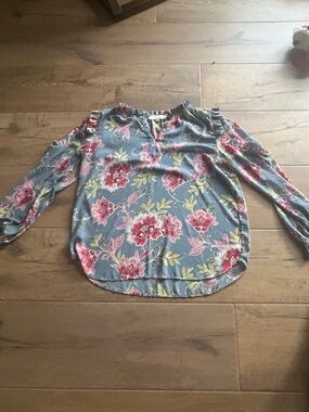 LOFT Blue Floral Ruffle Cold-Shoulder Blouse